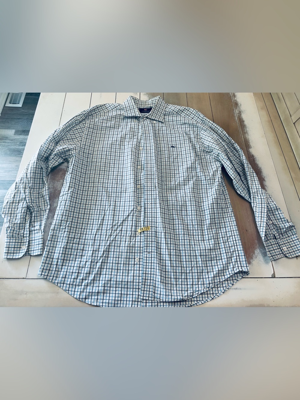 Vineyard Vines Men's White and Navy Check Dress Shirt